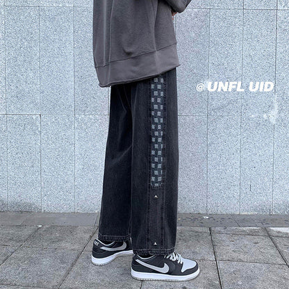 Men Jeans Plaid Denim Trousers Men Spring Autumn Loose Straight Wide Leg Pants