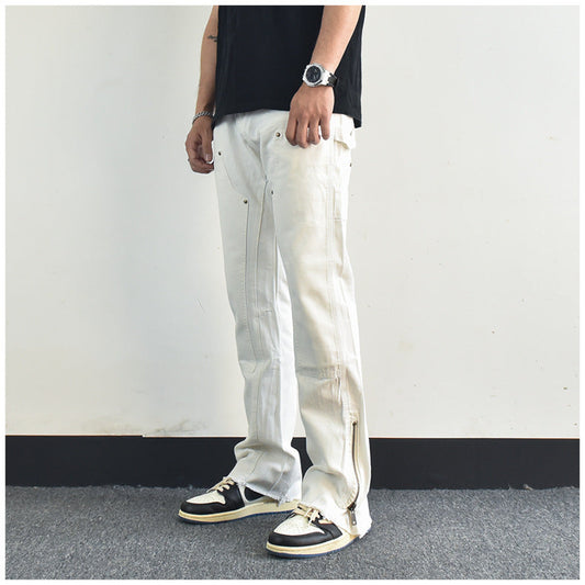 Men Jeans Zipper Slit Slightly Flared Casual Pants Loose Cargo Pants