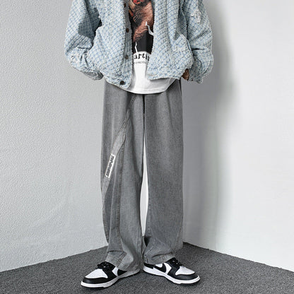 Men Jeans Washed Jeans Men's Casual Trousers Straight Loose Wide Leg Pants