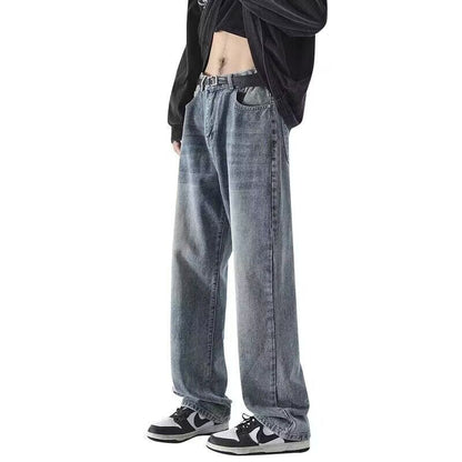 Men Jeans Summer Washed Old Straight Loose-Fitting Wide-Leg Trousers