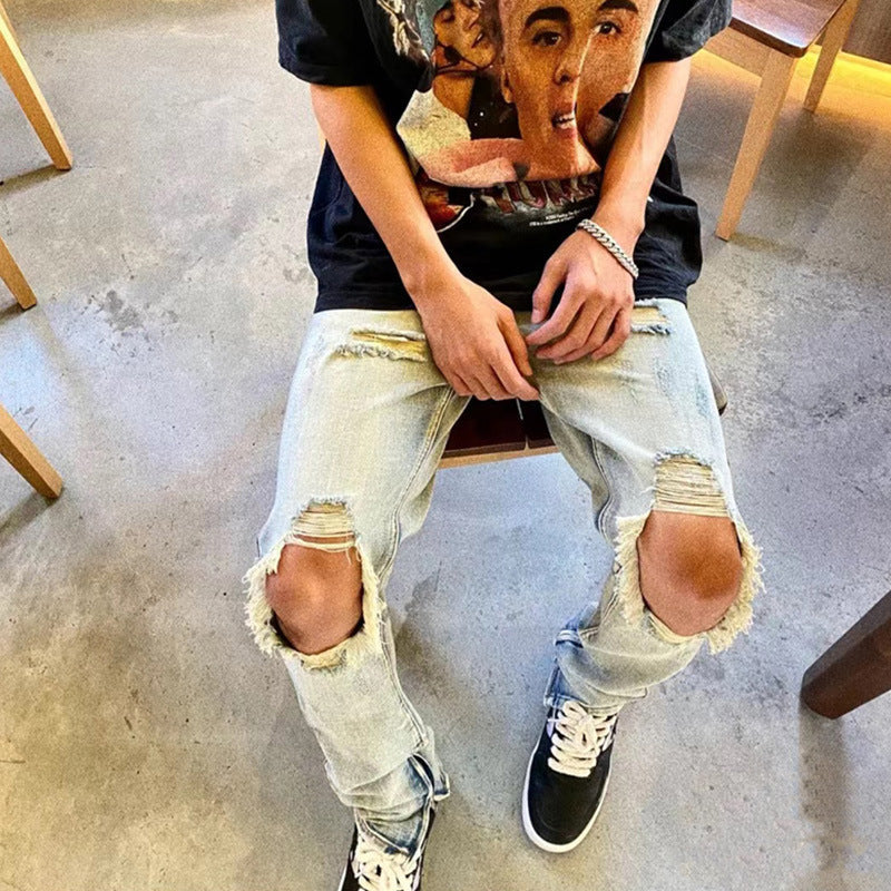 Men Jeans Ripped Jeans Men's Summer Vintage Distressed Loose Casual Wide-Leg Trousers