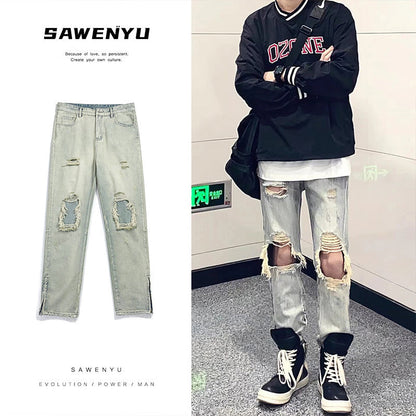 Men Jeans Ripped Jeans Men's Summer Vintage Distressed Loose Casual Wide-Leg Trousers