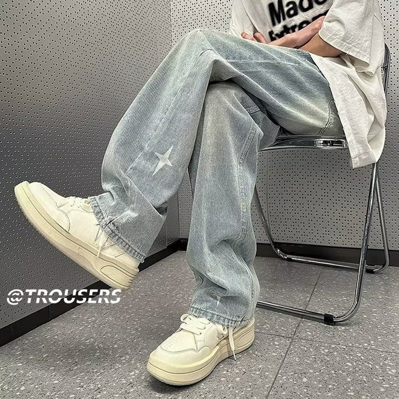 Men Jeans Washed Jeans Men's Summer Loose Retro Hiphop Straight-Leg Pants