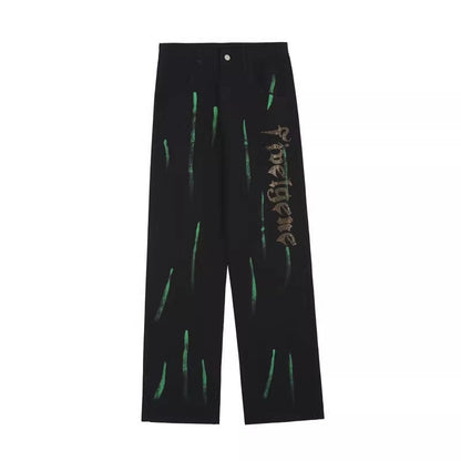 Men Jeans Retro Alphabet Rhinestone Printed Straight Jeans