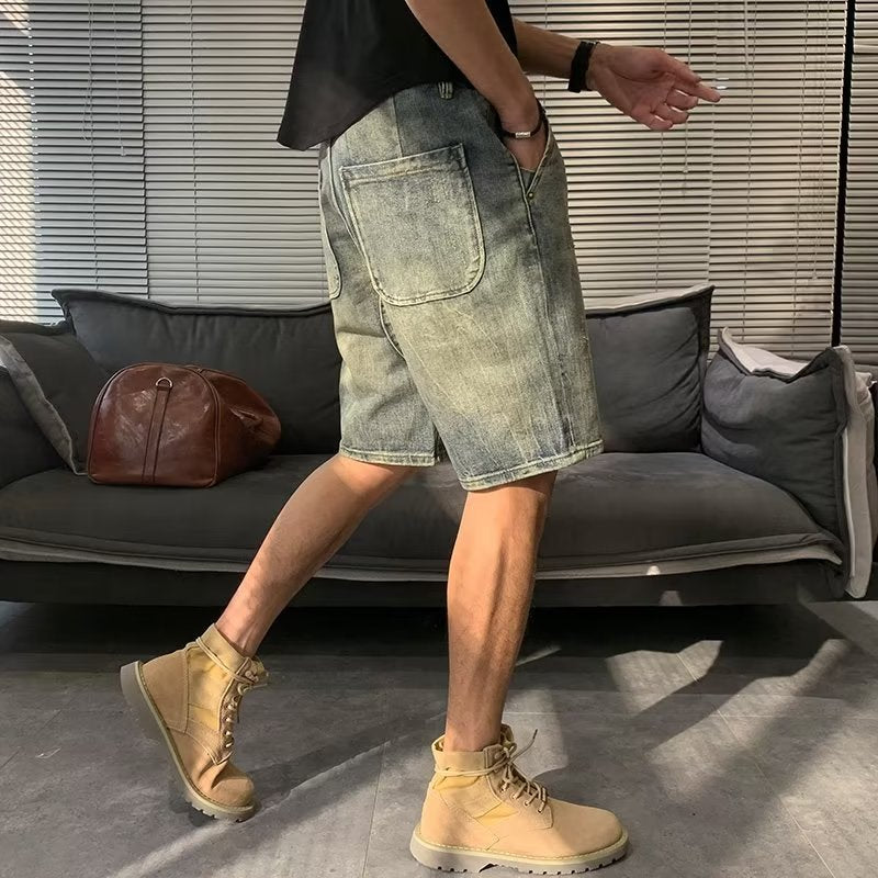 Men Jeans Washed Middle Pants Straight Casual Retro Shorts