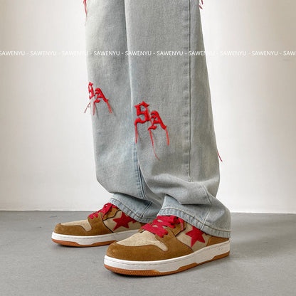 Men Jeans Embroidered Jeans Men's Spring Wide Leg Pants Spring and Autumn Straight-Leg Pants