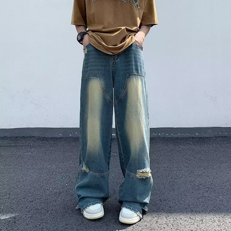 Men Jeans Washed Make Old Ripped Jeans Summer Baggy Straight Trousers