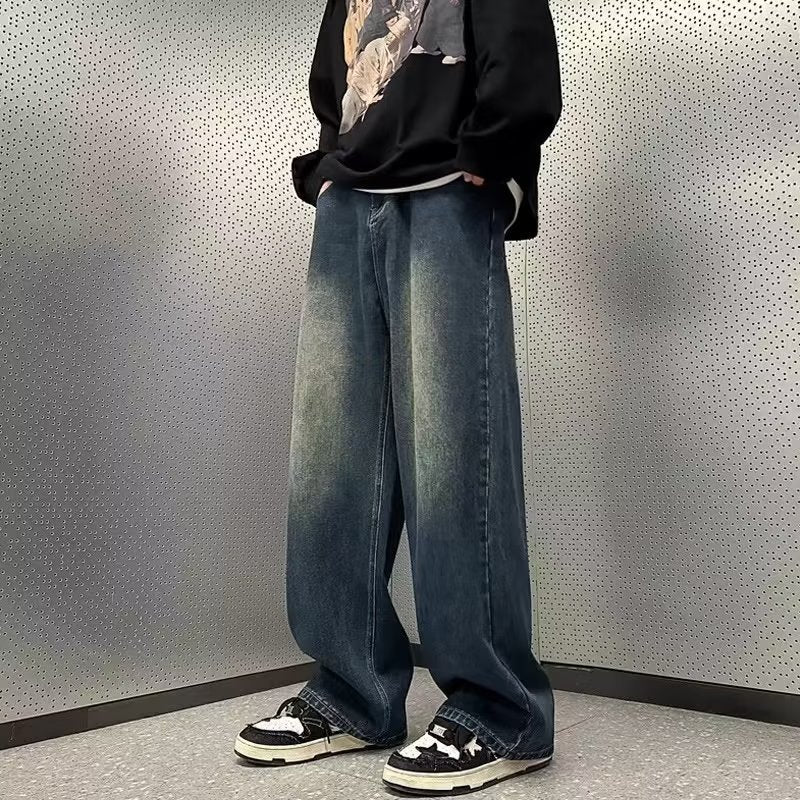 Men Jeans Washed Straight Jeans Spring and Autumn Loose Wide Leg Summer Casual Pants