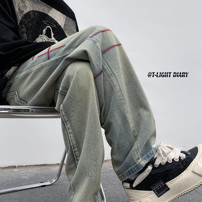 Men Jeans Washed Worn Jeans Men's Autumn and Winter Loose Wide Leg Pants Straight-Leg Pants