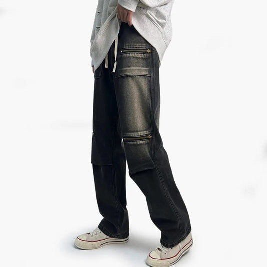 Men Jeans Spring and Autumn Vintage Zipper Loose Straight Wide Leg Straight Casual Trousers