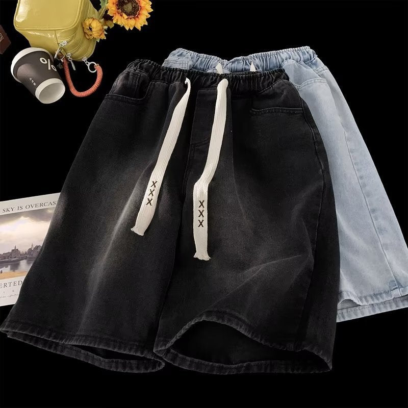 Men Jeans Drawstring Denim Shorts Men's Pants Summer Straight Loose Shorts