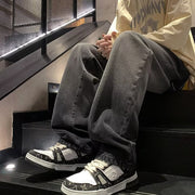 Men Jeans Vintage Black Tie-Dyed Jeans Oversize Wide-Leg Straight Pants