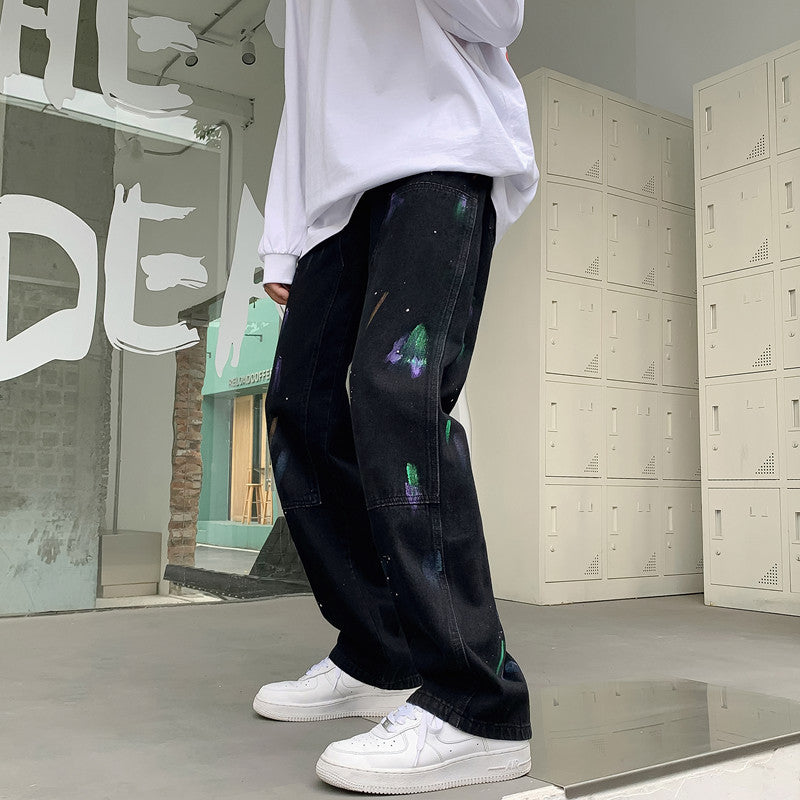 Men Jeans Splash-Ink Jeans Men's Autumn Baggy Straight Trousers Casual Trousers