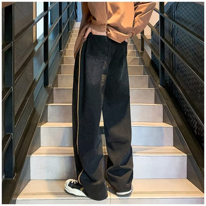 Men Jeans Retro Washed Jeans Men's Spring and Autumn Loose Wide-Leg Straight Trousers
