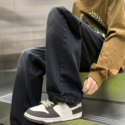 Men Jeans Drawstring Jeans Men Spring Autumn Vintage Straight-Leg Wide-Leg Pants