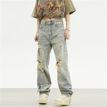 Men Jeans Retro Tattered Jeans Jeans Straight Loose Pants
