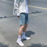 Men Jeans Denim Shorts Loose Retro Straight-Leg Pants Summer