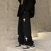 Men Jeans Cross Printed Jeans Men's Loose Straight Wide Leg Pants