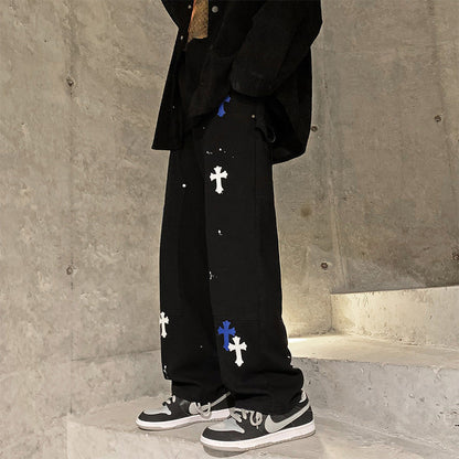 Men Jeans Cross Printed Jeans Men's Loose Straight Wide Leg Pants