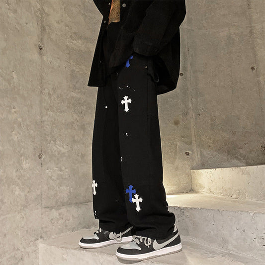 Men Jeans Cross Printed Jeans Men's Loose Straight Wide Leg Pants