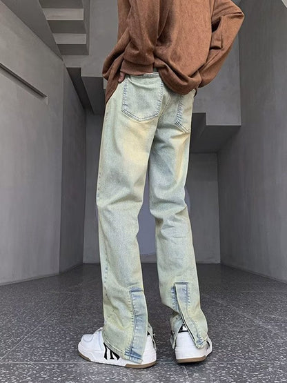 Men Jeans Spring and Autumn Zipper Split Jeans Slim Fit Skinny Straight-Leg Pants