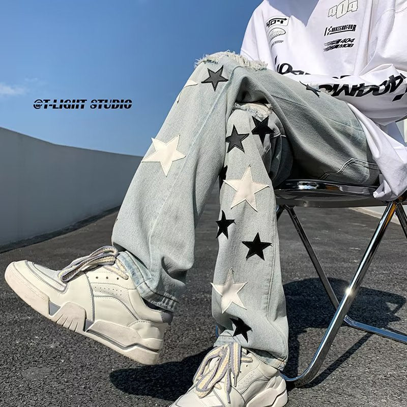 Men Jeans Five-Pointed Star Embroidered Jeans Retro Tattered Jeans Straight-Leg Pants