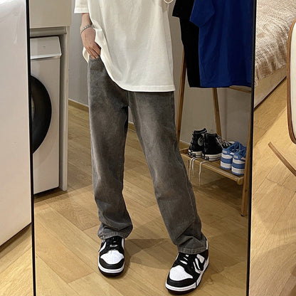 Men Jeans Spring Washed Casual Pants Distressed Straight Wide Leg Pants