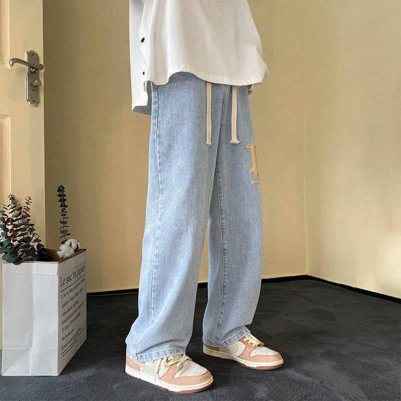 Men Jeans Fall Washable Pants Straight Loose-Fitting Wide-Leg Trousers
