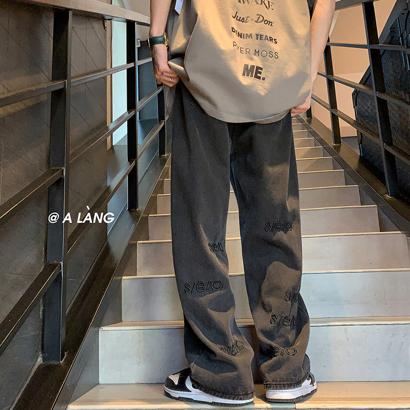 Men Jeans Straight Jeans Men's Spring and Summer Letters Embroidered Wide-Leg Pants