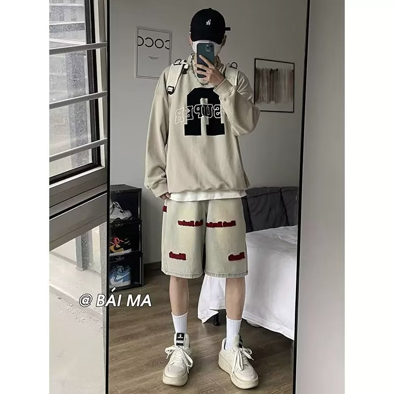 Men Jeans Embroidered Denim Shorts Summer Washed Shorts