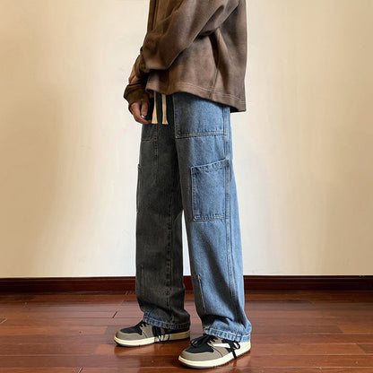 Men Jeans Retro Workwear Jeans Spring and Autumn Loose Wide-Leg Straight Trousers