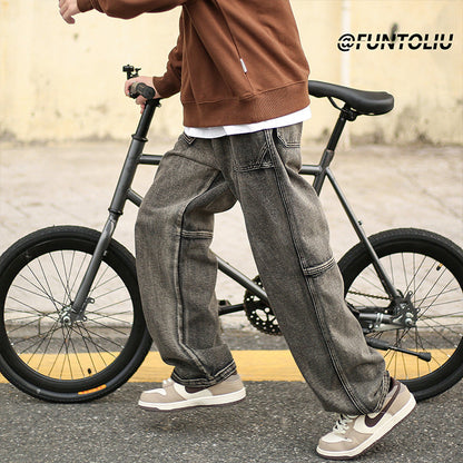 Men Jeans Cargo Jeans Male Autumn and Winter Loose Straight-Leg Trousers