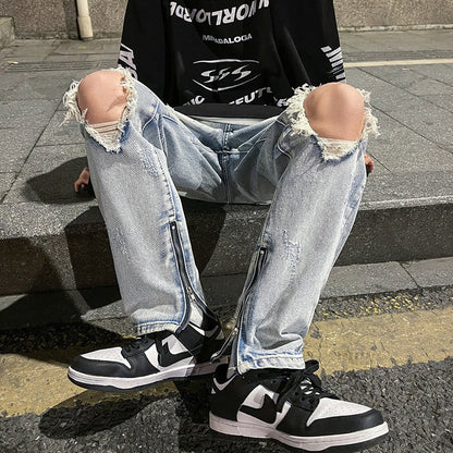 Men Jeans Ripped Jeans Men's Summer Straight Casual Wide-Leg Trousers