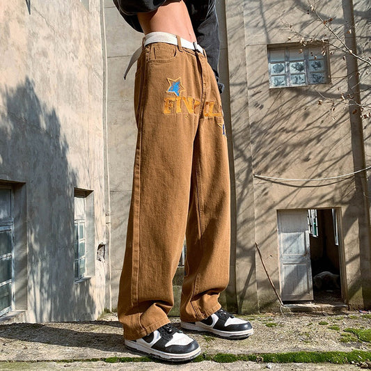 Men Jeans Embroidered Jeans Men's Summer Loose Wide Leg Pants Straight-Leg Trousers