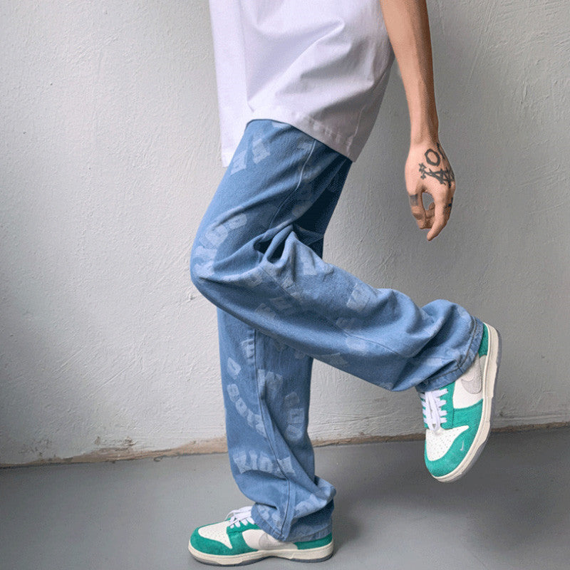 Men Jeans Hiphop Casual Loose Denim Trousers Straight-Leg Pants