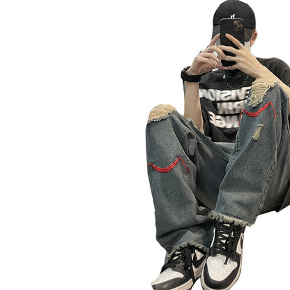 Men Jeans Ripped Jeans Men's Summer Retro Hip Hop Straight-Leg Trousers