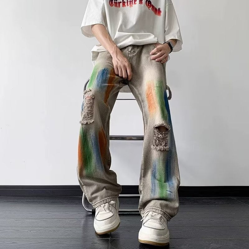 Men Jeans Vintage Inkjet Ribbon Ripped Jeans