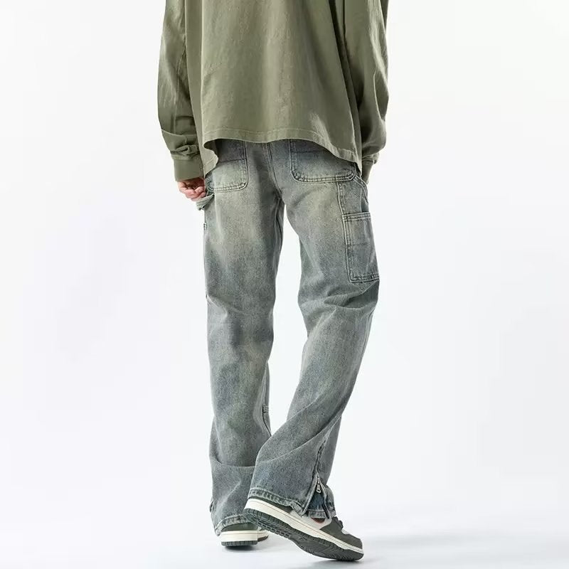 Men Jeans Zipper Split Jeans Spring Vintage Baggy Straight Trousers