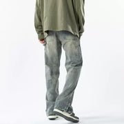 Men Jeans Zipper Split Jeans Spring Vintage Baggy Straight Trousers