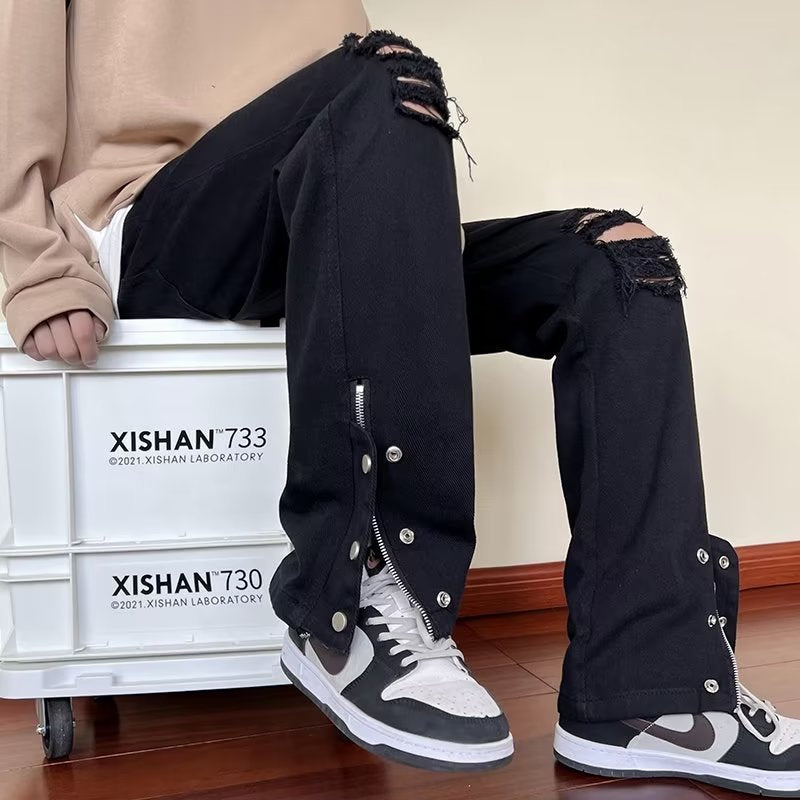 Men Jeans Black Ripped Jeans Spring and Autumn Zipper Straight-Leg Pants