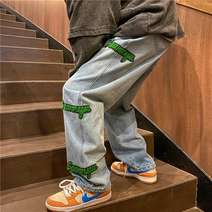 Men Jeans Embroidered Washed-out Vintage Jeans Straight-Leg Pants