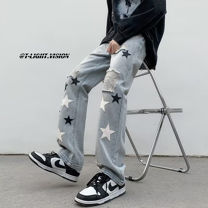 Men Jeans Five-Pointed Star Ripped Jeans Men's Spring Loose Straight Wide-Leg Pants
