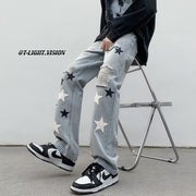 Men Jeans Five-Pointed Star Ripped Jeans Men's Spring Loose Straight Wide-Leg Pants