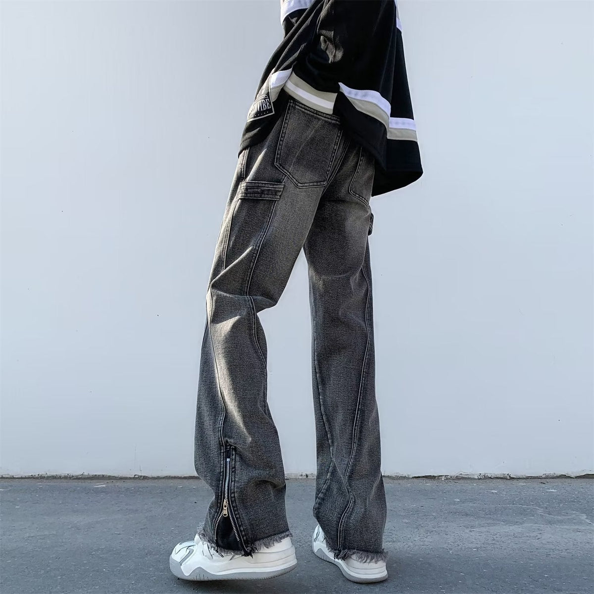 Men Jeans Oversize Zipper Jeans Summer Slim-Fit Micro Flared Pants