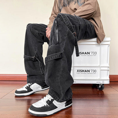 Men Jeans Lace-up Jeans Men's Straight Slim-Fit Zipper Overalls