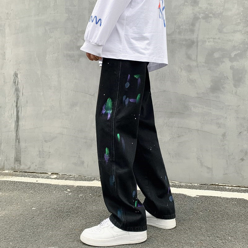 Men Jeans Splash-Ink Jeans Men's Autumn Baggy Straight Trousers Casual Trousers