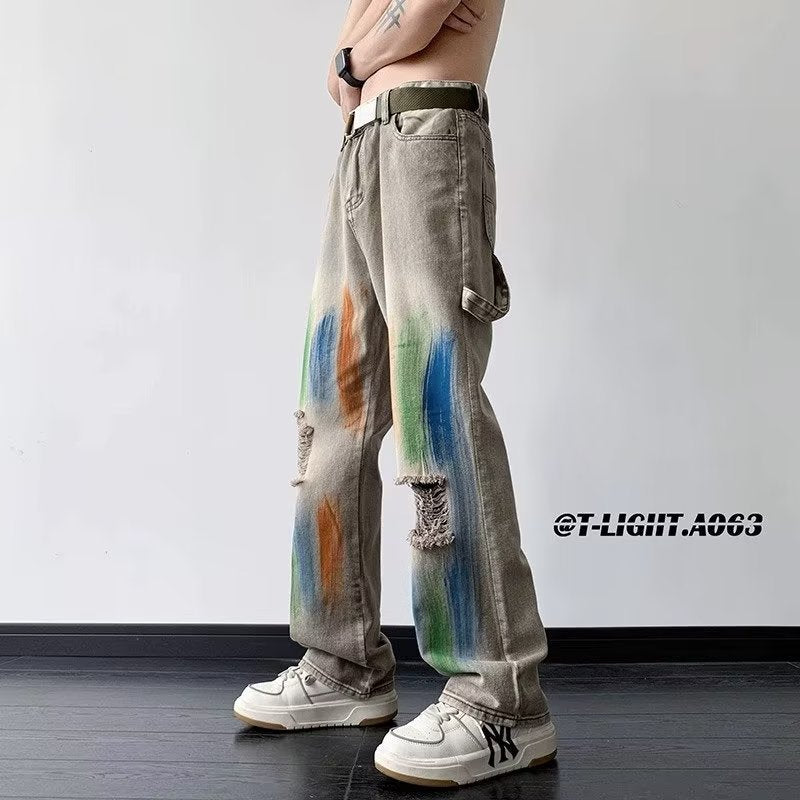Men Jeans Vintage Inkjet Ribbon Ripped Jeans