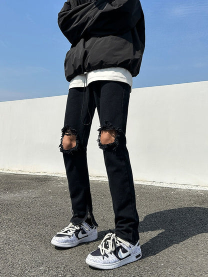 Men Jeans Black Ripped Zipper Jeans Summer Straight-Leg Trousers