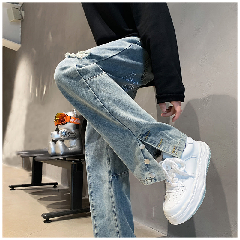 Men Jeans Ripped Jeans Men's Summer Letter Embroidery Slit Loose Straight Casual Trousers