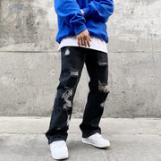 Men Jeans Embroidered Jeans Hip Hop Ripped Loose Trousers